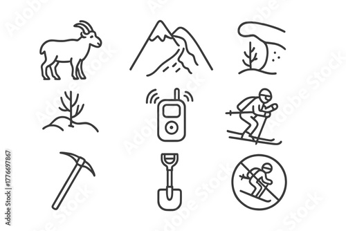 Wildlife Avalanche Icons. Line style icons of Wildlife Avalanche: Mountain Goat, Snowpack, Cornice, Buried Tree, Rescue Beacon,