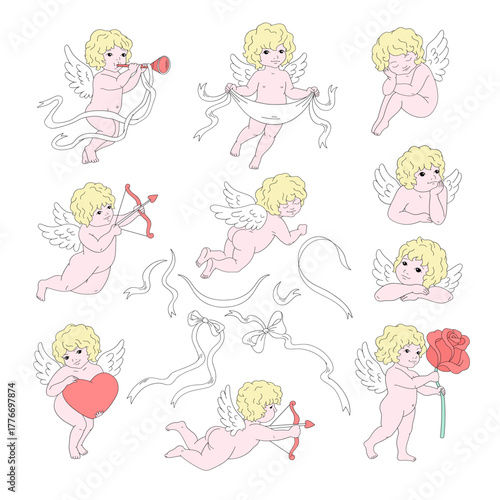 Cute Romantic Vintage Coquette Cupid Clipart Set, Retro Valentine Day Illustration for Scrapbooking and Stickers
