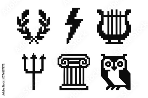 Pixel art greek symbols set: laurel, lightning bolt, lyre, trident, column, owl