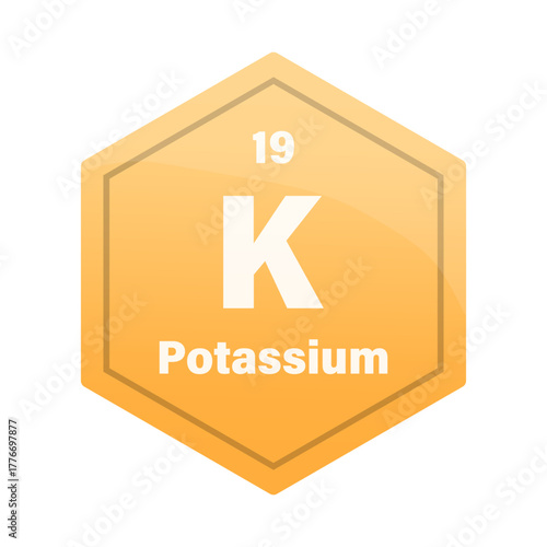 Potassium chemical element tile. Atomic number 19. K chemical sign. Orange yellow Vector hexagon.