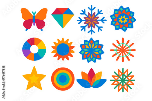 Colorful Symmetry Icons. Flat vector icons of Colorful Symmetry: mirrored butterfly, reflected diamond, fractal snowflake,