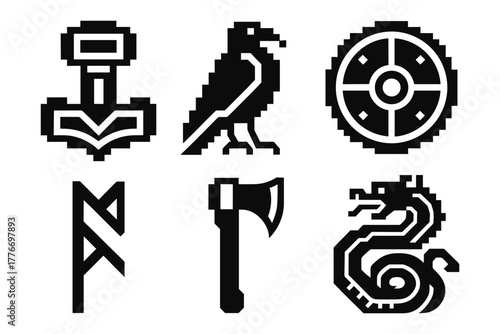 Pixel art norse mythology icons: thor's hammer, raven, viking shield, runes, axe, dragon