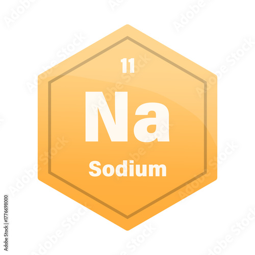 Sodium chemical element tile. Atomic number 11. Na chemical sign. Bright orange Vector hexagon.