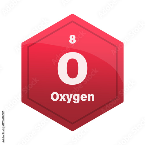 Oxygen chemical element tile. Atomic number 8. O chemical sign. Bright red Vector hexagon.