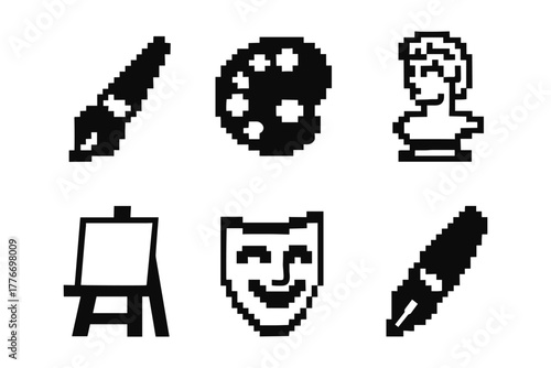 Pixel art icons: brush, palette, sculpture, easel, theater mask, pen