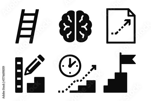 Growth icons: ladder, brain, progress graph, clock, and goal symbols