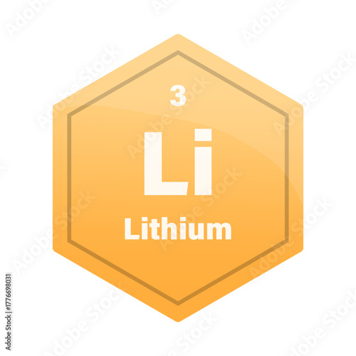 Lithium chemical element tile. Atomic number 3. Li chemical sign. Bright yellow Vector hexagon.