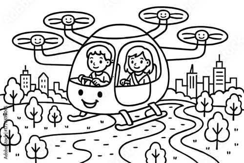 Smiling Drone Taxi. Funny drone taxi with smiling propellers carrying passengers over futuristic parks and rivers, black and white