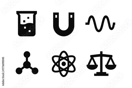 Science icons: chemistry, magnetism, waves, molecule, atom, balance in flat style