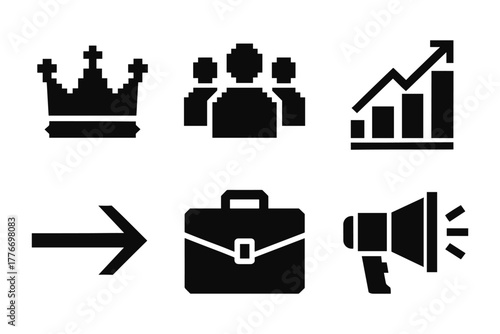 Minimalist symbol set: crown, business, growth, and marketing icons in black silhouette style