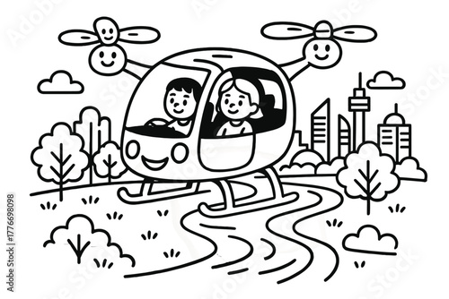Smiling Drone Taxi. Funny drone taxi with smiling propellers carrying passengers over futuristic parks and rivers, black and white