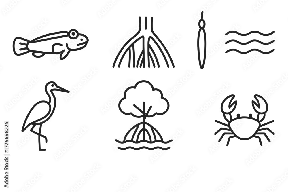 Fototapeta premium Mangrove Forest Icons. Line style icons of Mangrove Forest: Mudskipper, Prop Roots, Seed Pod, Tide, Heron, Mangrove Tree, Estuary,