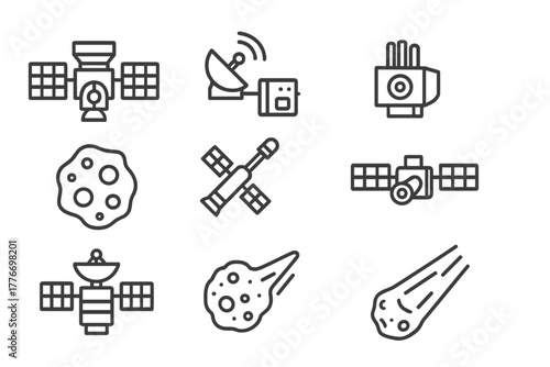 Space Probe Icons. Line style icons of Space Probe: Ion Engine, Communication Array, Cosmic Ray Detector, Asteroid, Magnetometer,
