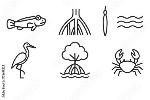 Mangrove Forest Icons. Line style icons of Mangrove Forest: Mudskipper, Prop Roots, Seed Pod, Tide, Heron, Mangrove Tree, Estuary,
