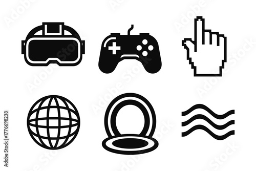 Virtual reality and gaming icons in bold black style