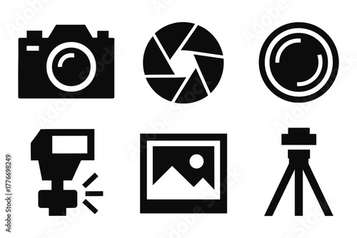 Photography equipment icons set: camera, flash, lens, tripod, aperture, silhouette style