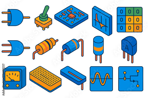 Analog Logic Icons. Isometric vector illustration set Analog Logic: AND logic gate, toggle switch, circuit board, truth table grid