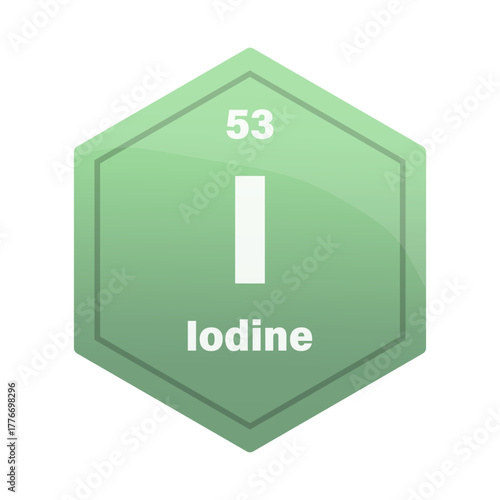 Iodine chemical element tile. Atomic number 53. I chemical sign. Olive green Vector hexagon.
