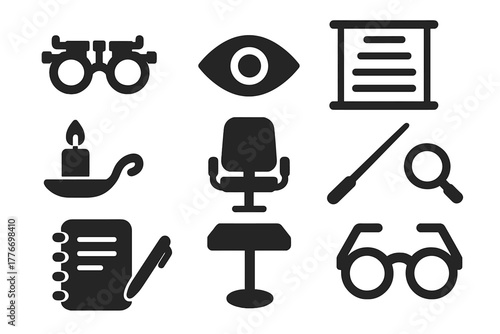 Eye Examination Icons. Solid style icons of Eye Examination: Trial Frame, Lens, Eye Chart, Candle Lamp, Chair, Pointer Stick,