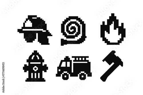 Pixel art firefighter symbols: helmet, hose, flame, hydrant, truck, and axe