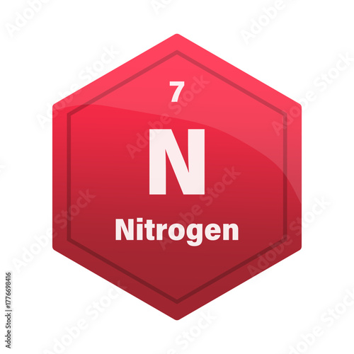 Nitrogen chemical element tile. Atomic number seven. N sign Vector icon. Dark red gradient hexagon.
