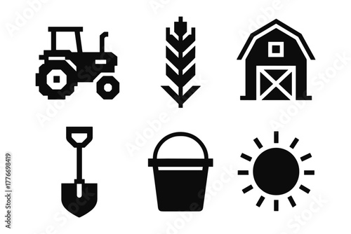 Farming icons set with tractor and barn in black silhouette style