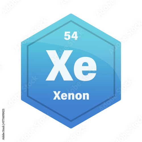 Xenon chemical element tile. Atomic number fifty four. Xe sign Vector icon. Blue cyan gradient hexagon.