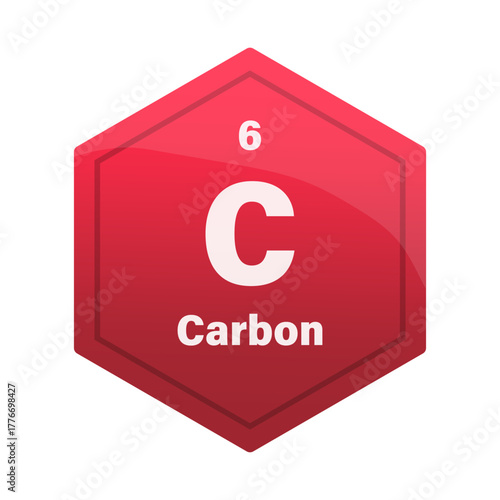 Carbon chemical element tile. Atomic number six. C sign Vector icon. Red scarlet gradient hexagon