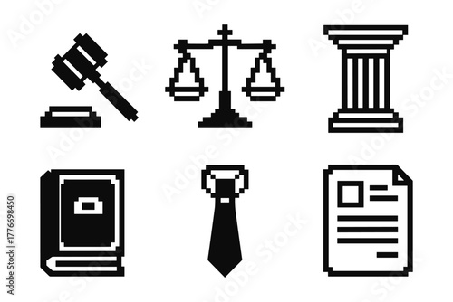 Pixel art legal icons: gavel, scales, column, book, tie, document