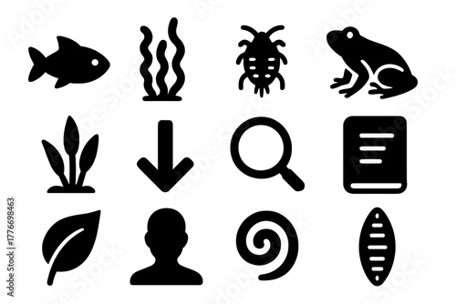 Aquatic Ecology Icons. Solid style icons of aquatic ecology and lake organisms: fish, algae, plankton, frog, water plant, arrow,