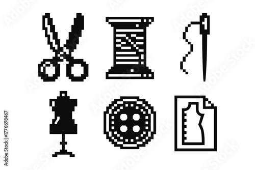 Retro pixel sewing icons: scissors, thread, needle, mannequin, button, and pattern