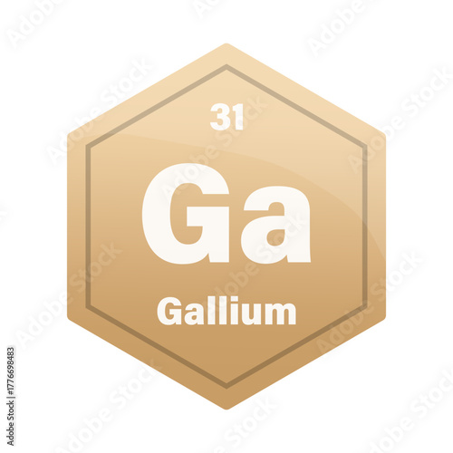 Gallium chemical element tile. Atomic number thirty one. Ga sign Vector icon. Gold yellow gradient hexagon.