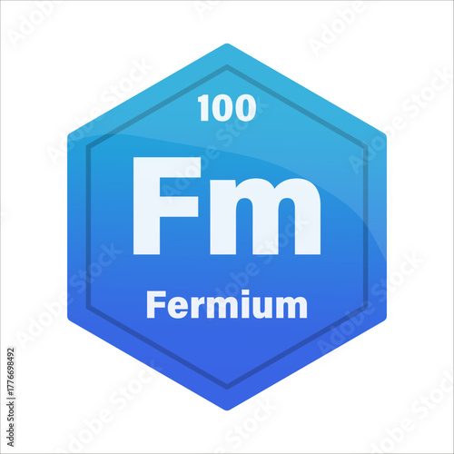 Fermium chemical element tile. Atomic number one hundred. Fm sign Vector icon. Dark blue gradient hexagon.