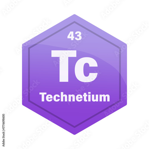Technetium chemical element tile. Atomic number forty three. Tc sign Vector icon. Magenta purple gradient hexagon