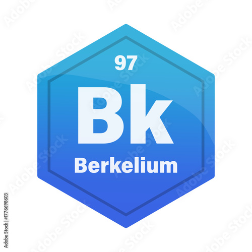 Berkelium chemical element tile. Atomic number ninety seven. Bk sign Vector icon. Deep blue gradient hexagon.