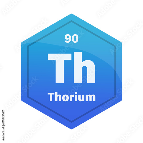 Thorium chemical element tile. Atomic number ninety. Th sign Vector icon. Turquoise blue gradient hexagon.