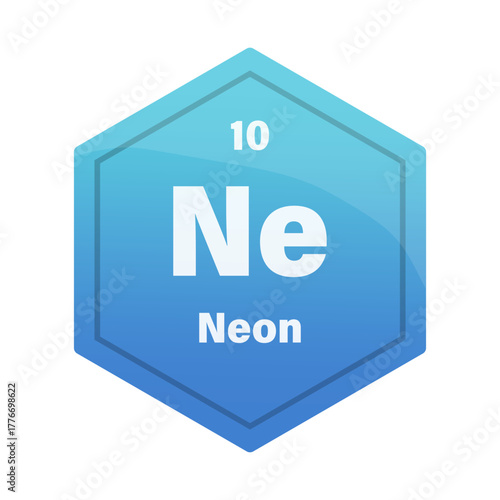 Neon chemical element tile. Atomic number ten. Ne sign Vector icon. Cyan blue gradient hexagon.