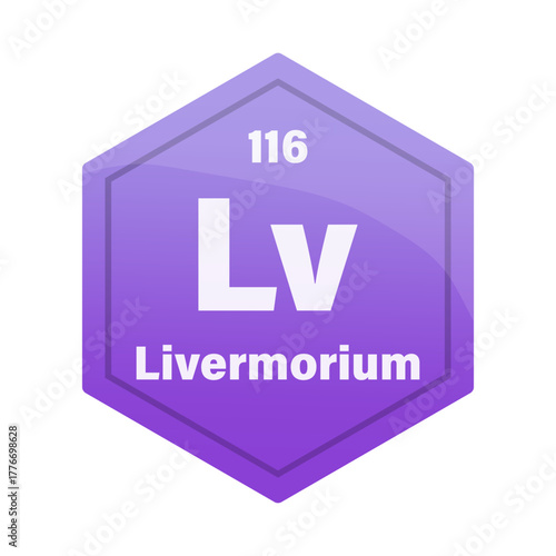 Livermorium chemical element tile. Atomic number one hundred sixteen. Lv sign Vector icon. Purple violet gradient hexagon
