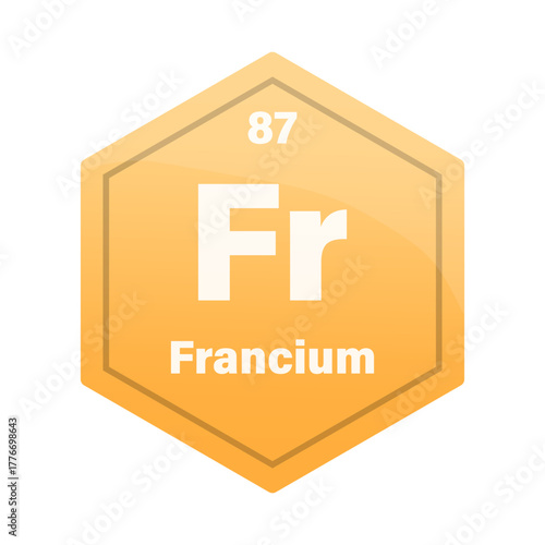 Francium chemical element tile. Atomic number eighty seven. Fr sign Vector icon. Bright orange gradient hexagon.