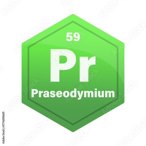 Praseodymium chemical element tile. Atomic number fifty nine. Pr sign Vector icon. Green lime gradient hexagon.