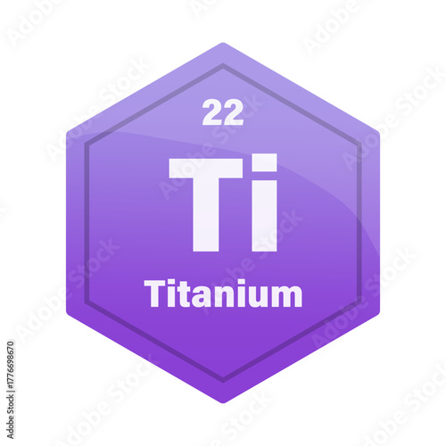 Titanium chemical element tile. Atomic number twenty two. Ti sign Vector icon. Deep violet gradient hexagon. EPS 10.