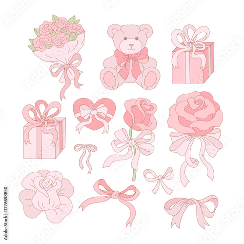 Retro Romantic Coquette Soft Pink Teddy Bear Rose Bouquet Gift Clipart Set, Girly Valentine Illustration for Scrapbooking and Stickers