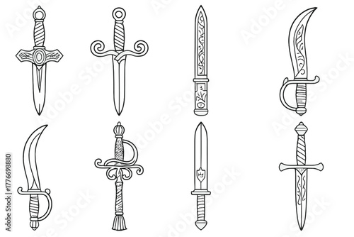 Ornate Weapon Icons. Line style icons of ornate weapons: jeweled hilt, twisted guard, decorated scabbard, engraved blade; curved