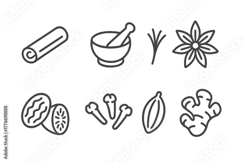 Spice Line Icons. Line style icons of Spices: Cinnamon Stick, Mortar and Pestle, Saffron Thread, Star Anise, Nutmeg, Cloves,
