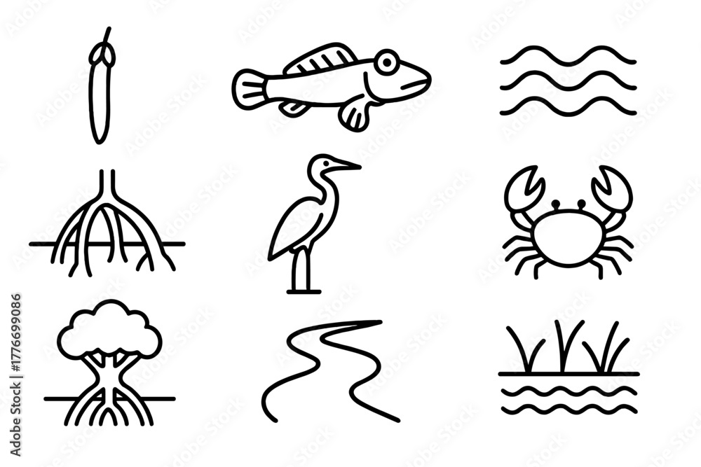 Fototapeta premium Mangrove Forest Icons. Line style icons of Mangrove Forest: Seed Pod, Mudskipper, Tide, Prop Roots, Heron, Crustacean, Mangrove