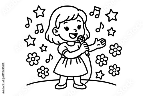 Singing Star Performance. Talented singer holding a microphone on stage with stars, music notes, and flowers around, black and