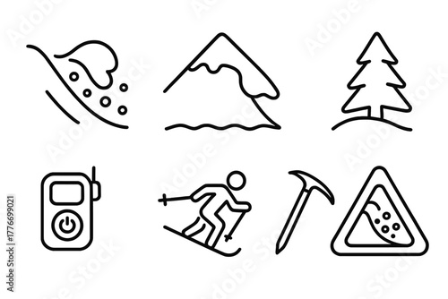 Avalanche Safety Icons. Line style icons of Snowy Avalanche: Snow Drift, Snowpack, Cornice, Buried Tree, Rescue Beacon, Skier, Ice