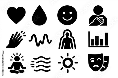 Emotional Icons Set. Solid style icons of Emotional processing: heart symbol, tear drop, smiling face, hand over chest, release