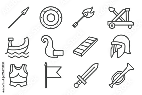 Naval Warfare Icons. Line style icons of naval warfare: spear, shield, flaming arrow, catapult; warship prow, ram, boarding plank,