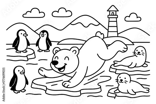 Polar Bear Slide. Smiling polar bear sliding on ice near penguins, seals, and a lighthouse in the distance, black and white line